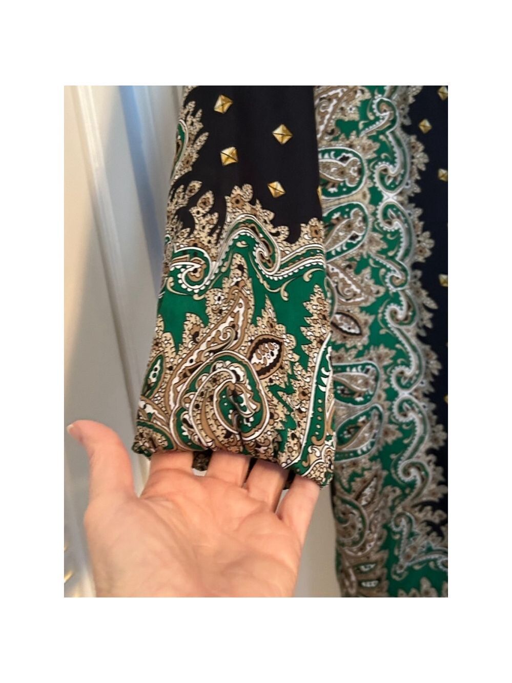 Michael Kors Paisley Shirt Dress Medium Green Navy Gold Chain Midi - Picture 3 of 11